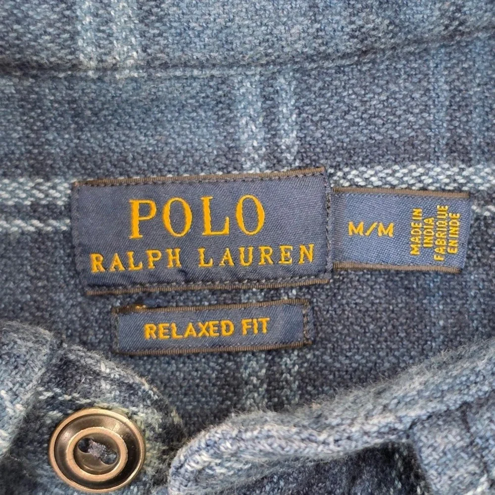 Polo Ralph Lauren Men's M Heavyweight Blue Plaid‎ Work Shirt Elbow Patches